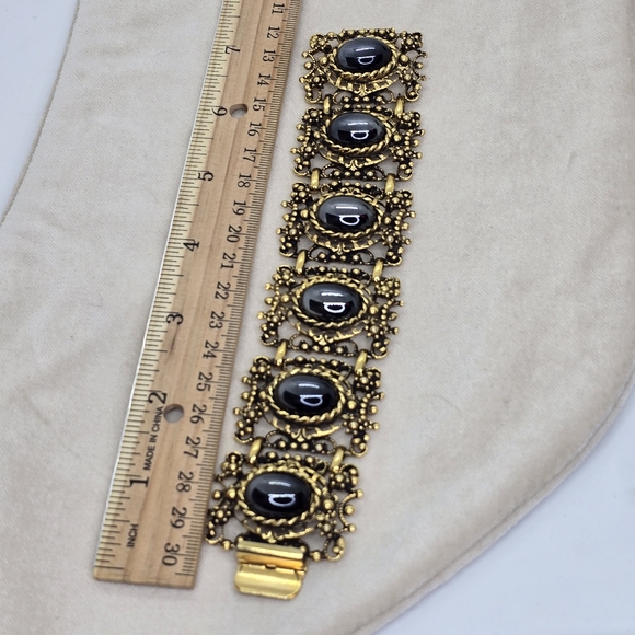 Vintage Bracelet gold-tone with Faux Hematite Stone Statement ornate - Picture 1 of 5